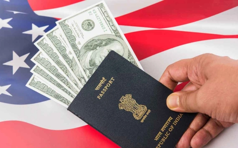 Indian passport placed on US flag representing visa travel privileges